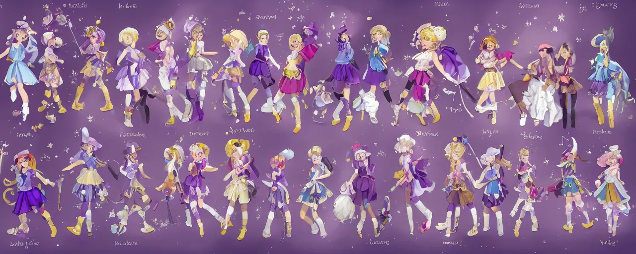 Prompt: A character sheet of full body cute magical girls with short blond hair wearing an oversized purple Beret, Baggy Purple overall shorts, Short Puffy pants made of silk, pointy jester shoes, a big billowy scarf, Golden Ribbon, and white leggings Covered in stars holding a paintbrush. Short Hair. Sunlit. Haute Couture. An artist\'s clothes. Art by william-adolphe bouguereau and Paul Delaroche and Alexandre Cabanel and Lawrence Alma-Tadema and Johannes Helgeson and WLOP. Smooth. Elegant. Highly Detailed. Intricate. 4K. UHD. Denoise.