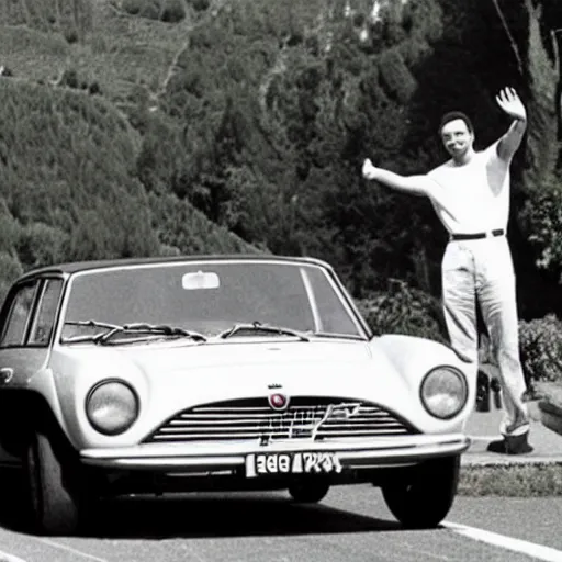 Prompt: elon musk waving from his lancia fulvia, award winning photograph