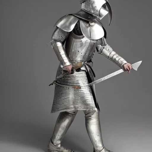 Prompt: a warrior in silver armour, wearing a tall, conical, masked helmet clutching a sword