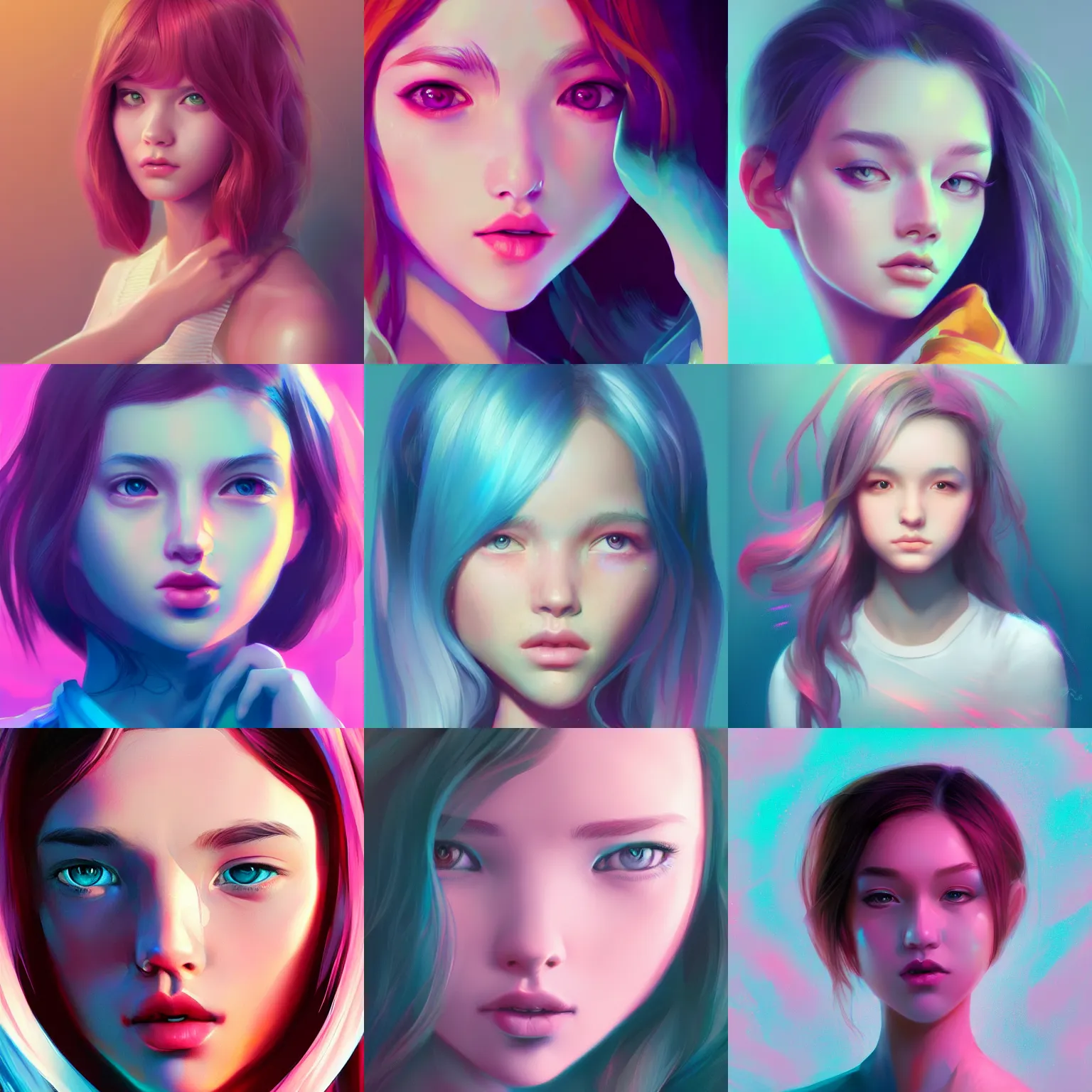 Prompt: portrait of teen girl, art by Ross tran, vivid color palette, digital painting, 3D, octane render