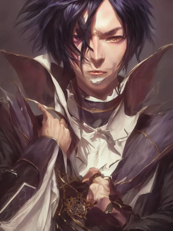 Image similar to manly eccentric lelouch lamperouge, hyper detailed, digital art, trending in artstation, cinematic lighting, studio quality, smooth render, unreal engine 5 rendered, octane rendered, concept art, smooth, sharp focus, illustration, art by artgerm and greg rutkowski and alphonse mucha and ian sprigger and wlop