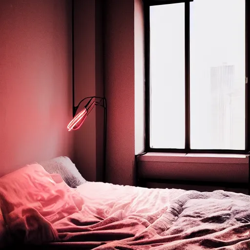 Prompt: cyberpunk bedroom, rose lighting, midday setting