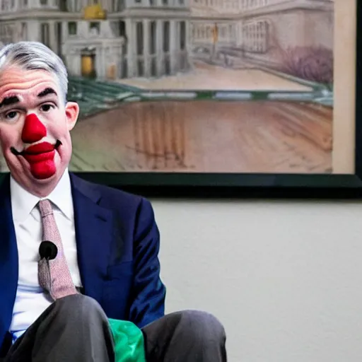 Image similar to Jerome Powell with colorful clown makeup all over his face