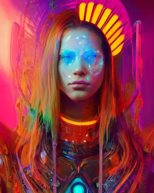 Image similar to colorful portrait of a female hippie cyborg, set in the future 2 1 5 0 | highly detailed | very intricate | symmetrical | professional model | cinematic lighting | award - winning | painted by mandy jurgens and ross tran | pan futurism, dystopian, bold psychedelic colors, cyberpunk, groovy vibe, anime aesthestic | featured on artstation