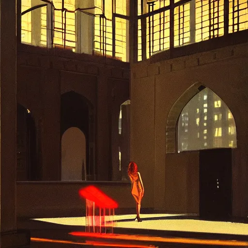 Image similar to beautiful woman, courtyard, capital, mosque interior, reflections, control panel, watcher, omniscient, tech noir, few neon signs, syd mead, matte painting, speed painting, chiaroscuro, oil on canvas