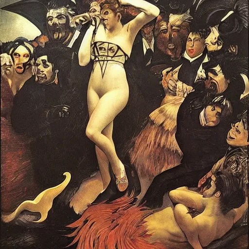 Prompt: A beautiful illustration of a large, dragon-like creature with sharp teeth, talons, and a long tail. The creature is looming over a small group of people who appear to be in distress. Moulin Rouge! by Caravaggio, by Gerhard Munthe frightful