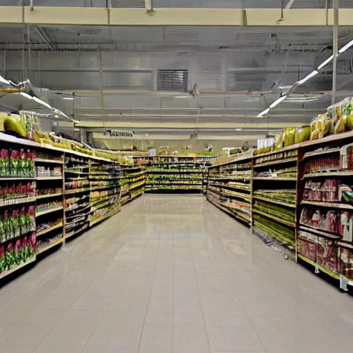 Image similar to a ransacked grocery store, broken signs, filthy flooring. Vines growing. Award-winning photo. OM system 12–40mm PRO II 40mm, 1/100 sec, f/2 8, ISO 800