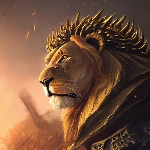 Prompt: Lion, Anthropomorphized, as warlord general on skull throne, magic the gathering artwork, D&D, fantasy, cinematic lighting, centered, symmetrical, highly detailed, digital painting, artstation, concept art, smooth, sharp focus, illustration, volumetric lighting, epic Composition, 8k, art by Akihiko Yoshida and Greg Rutkowski and Craig Mullins, heroic pose, oil painting, cgsociety, Battlefield background, explosions, arrows