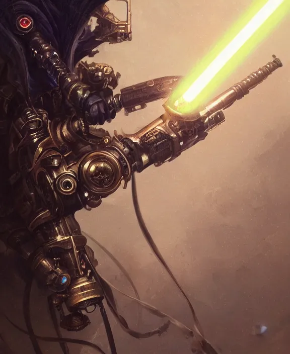 Prompt: a steampunk dieselpunk lightsaber, close up, fantasy, intricate, elegant, highly detailed, colorful, vivid color, digital painting, artstation, concept art, art by greg rutkowski