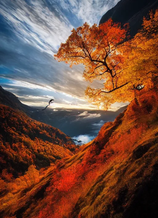 Prompt: an award winning photo of a cool autumn day in bergen norway, colorful leaves red orange yellow on trees, leaves falling to the ground, beautiful mountains, breathtaking blue sky, wispy cloud. travel photography by charlie waite, max rive, caroline foster.