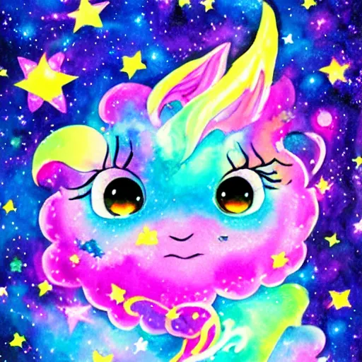 Prompt: cute kawaii baby dragon, galaxy, stars, cosmos, nebula, in the style of lisa frank, watercolor painting