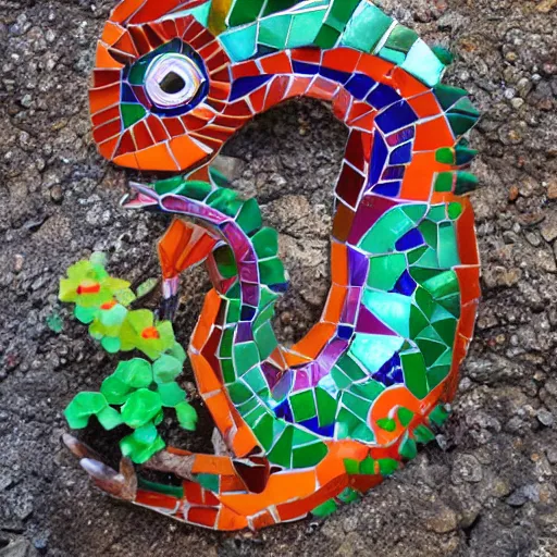 Image similar to mosaic sculpture of a alebrije chimera!!!, irregularly shaped mosaic tiles, hand glazed pottery shards, in a cottagecore flower garden