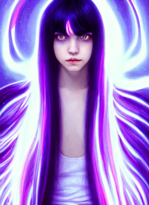 Image similar to hair whitebangs hair, black hair, whitebangs, portrait of teenage girl with white bangs, red irises, purple clothes, white bangs, bangs are different color from hair, intricate, elegant, glowing lights, highly detailed, digital painting, artstation, concept art, smooth, sharp focus, illustration, art by wlop, mars ravelo and greg rutkowski