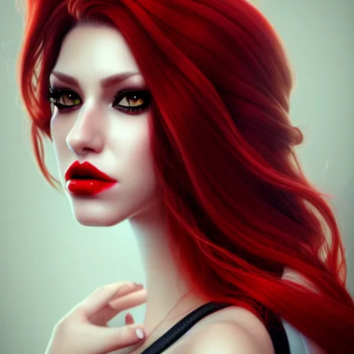 Prompt: a realistic illustration portrait of a beautiful liz katz with curly black and red hair, black eyeliner, trending on artstation, hyper - realistic lighting, intricate, ross tran