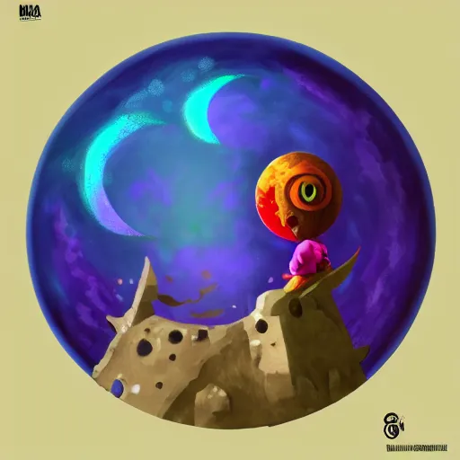 Prompt: the moon from majoras mask eating the planet intricate, elegant, highly detailed, centered, digital painting, artstation, concept art, smooth, sharp focus