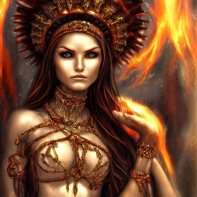 Image similar to perfectly centered close up portrait, goddess of fire, perfect human female specimen, candid photography, by anne stokes, highly detailed