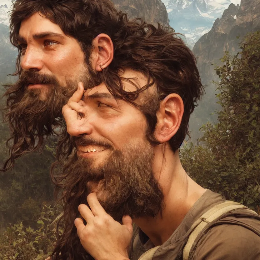 Image similar to close up portrait painting of a bearded hiker hearing a beany, ultra realistic, concept art, intricate details, serious, highly detailed, photorealistic, octane render, 8 k, unreal engine. art by artgerm and greg rutkowski and alphonse mucha