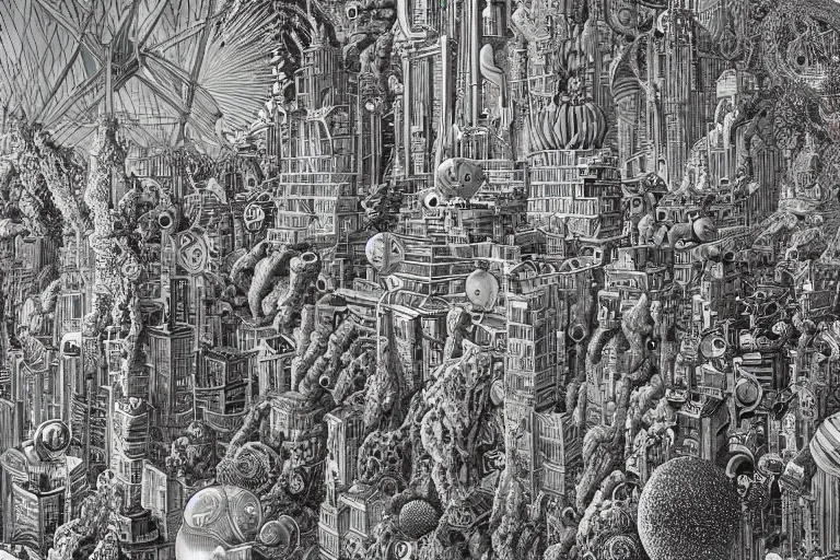 Prompt: future cityscape by Joe Fenton and Ernst Haeckel, muted colors