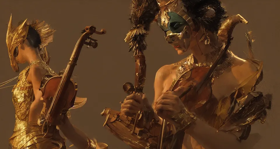 Image similar to craig mullins and ghibli digital art of masked female violinist, exotic costumes, gold jewelry, black hair, theater, large audience, solo on stage unreal engine, hyper realism, realistic shading, cinematic composition, realistic render, octane render, detailed textures, photorealistic, wide shot