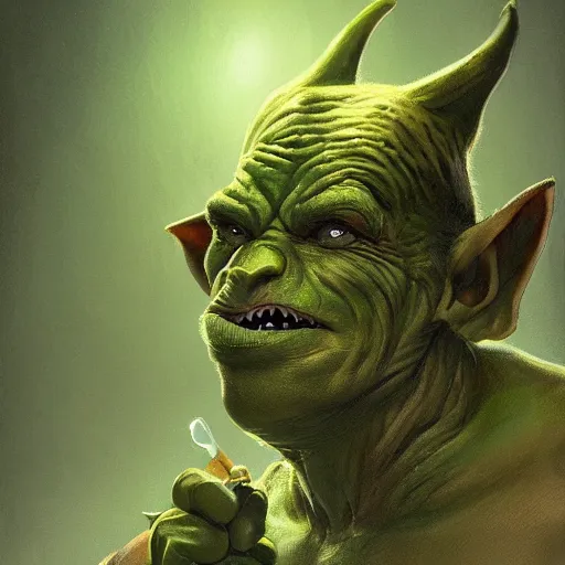 Prompt: Epic portrait A green fat goblin with a sharp chin stealing bag of money with his hands, Side profile, sharp teeth, small, digital painting, artstation, concept art, soft light, hdri, smooth, sharp focus, illustration, fantasy, intricate, elegant, highly detailed, D&D, matte painting, in the style of Greg Rutkowski and Alphonse Mucha and artemisia, 8k, highly detailed, jurgens, rutkowski, bouguereau, pastoral, rustic, georgic