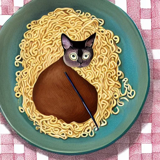 Prompt: a micro tattoo of a siamese cat laying in a bowl of ramen noodles