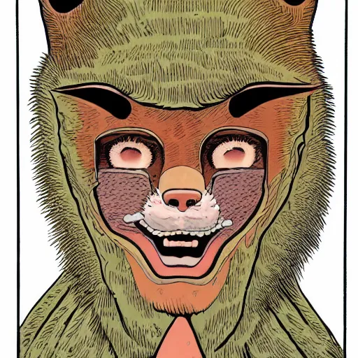 Prompt: a portrait of an asian girl, face covered witj a fox mask by geof darrow,