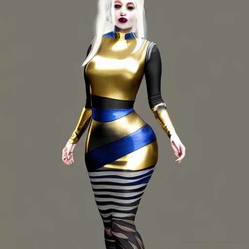 Image similar to comforting portrait of a pale hot goth woman with elegant multilayered gold-blue-silver tight leather high-neck striped dress, curvy thin waist, photorealistic, sublime, 16k, smooth, sharp focus, cgsociety, trending on ArtStation, volumetric lighting