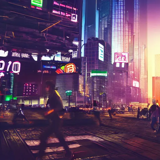 Prompt: landscape view of people running from a giant bitcoin in the city, cyberpunk art, photorealism, light behind
