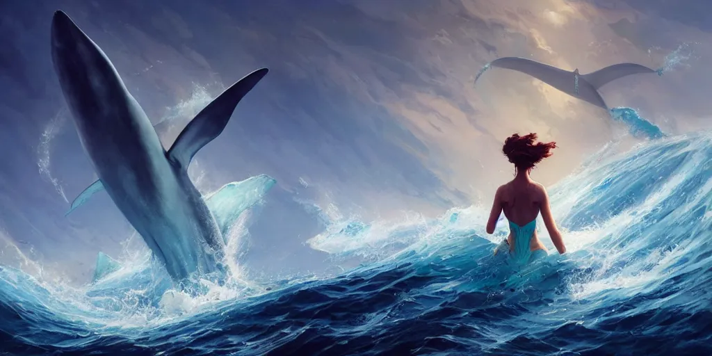 Prompt: close up of a beautiful girl on the horizon, hold the trident, model pose, slightly smiling,, big wave, big whale fighting against sharks on the background, by peter mohrbacher and makoto shinkai and ferdinand knab