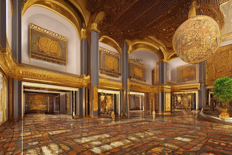 Image similar to Fantasy Asian inspired wide royal palace foyer with infinitely high ceilings, infinitely long corridors, wide grand staircase, Buddhist imagery, bejeweled, natural lighting, digital painting, concept art by Shaddy Safadi