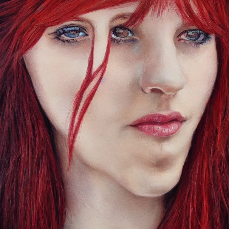 Prompt: portrait in full face of a beautiful red-haired girl. Intricately detailed acrylic painting