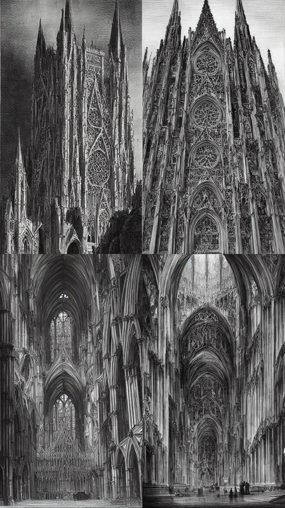 Prompt: cathedral, gothic architecture, black and white, hyper detailed, gustave dore