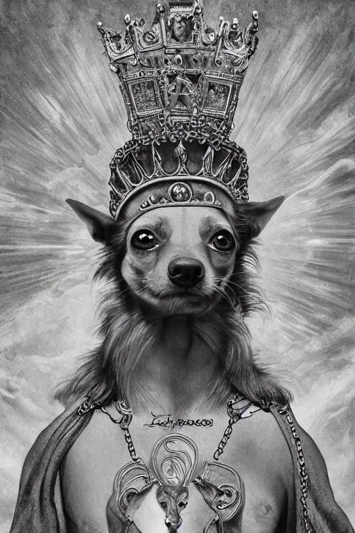 Image similar to God had dog Chihuahua's head, a radiant halo and crown, detailed face, gorgeous, very muscular male body, partial anatomy, stormy background, delicate and intricate borders for decoration, caesar victorious, proud Emperor, character close-up, intricate, highly detailed, 8K, digital painting, fantasy, concept art, sharp focus, art by alphonse mucha