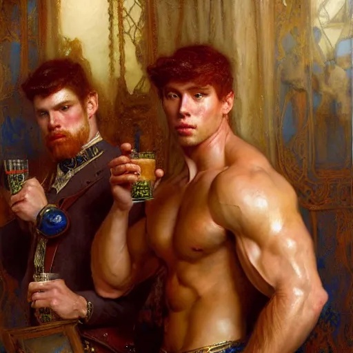 Image similar to attractive muscular mike with ginger hair with muscular attractive tyler with brunet hair, drinking their hearts out, in their noble mansion. very defined and highly detailed painting by gaston bussiere, craig mullins, j. c. leyendecker 8 k