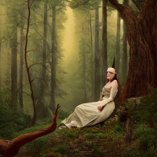 Image similar to the court jesters wife lost in the woods, pretty, beautiful, hyper realistic fantasy painting, artstation, by ansel adams and annie leibovitz, cinematic, magical