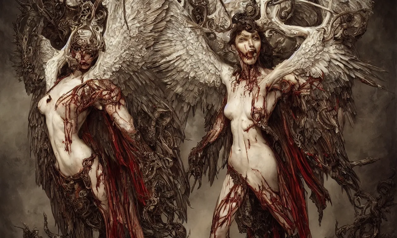 Prompt: breathtaking detailed painting of an evil angel of meat and bones, intricate art nouveau white bloody wings, meat and blood stained glass, rembrandt style, elegant, highly detailed, artstation, concept art, matte, sharp focus, art by luis royo and tom bagshaw, peter mohrbacher