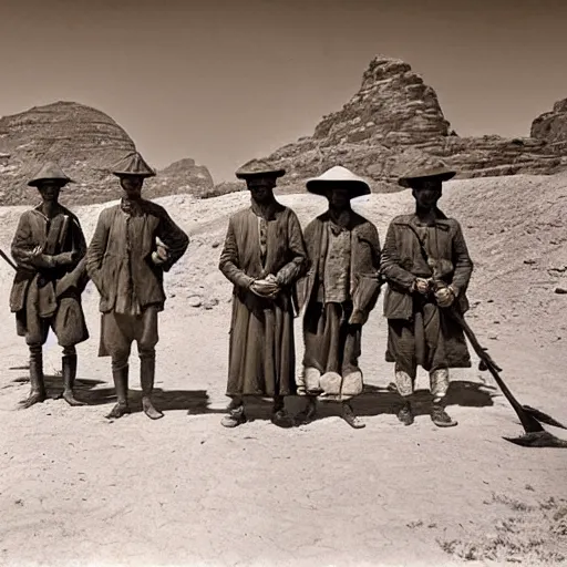 Image similar to ultra detailed photorealistic sepia - toned photo from 1 9 1 7, a small group of british soldiers standing with bedouin traders in traditional arab garb, at an archaeological dig site in wadi rum, ultra realistic, painted, intricate details, lovecraft, atmospheric, dark, horror, brooding, highly detailed, by clyde caldwell