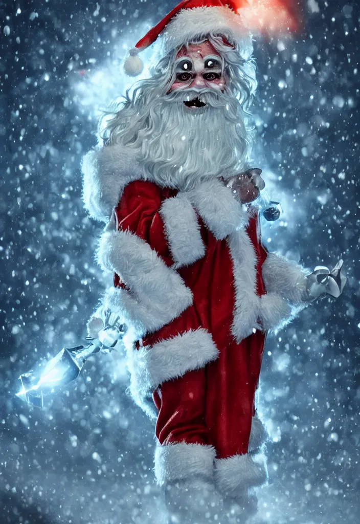 Image similar to gigantic sparkling heavenly glowing santa as a demon in a snowy hell, eerie, dark, magical, fantasy, trending on artstation, digital art.