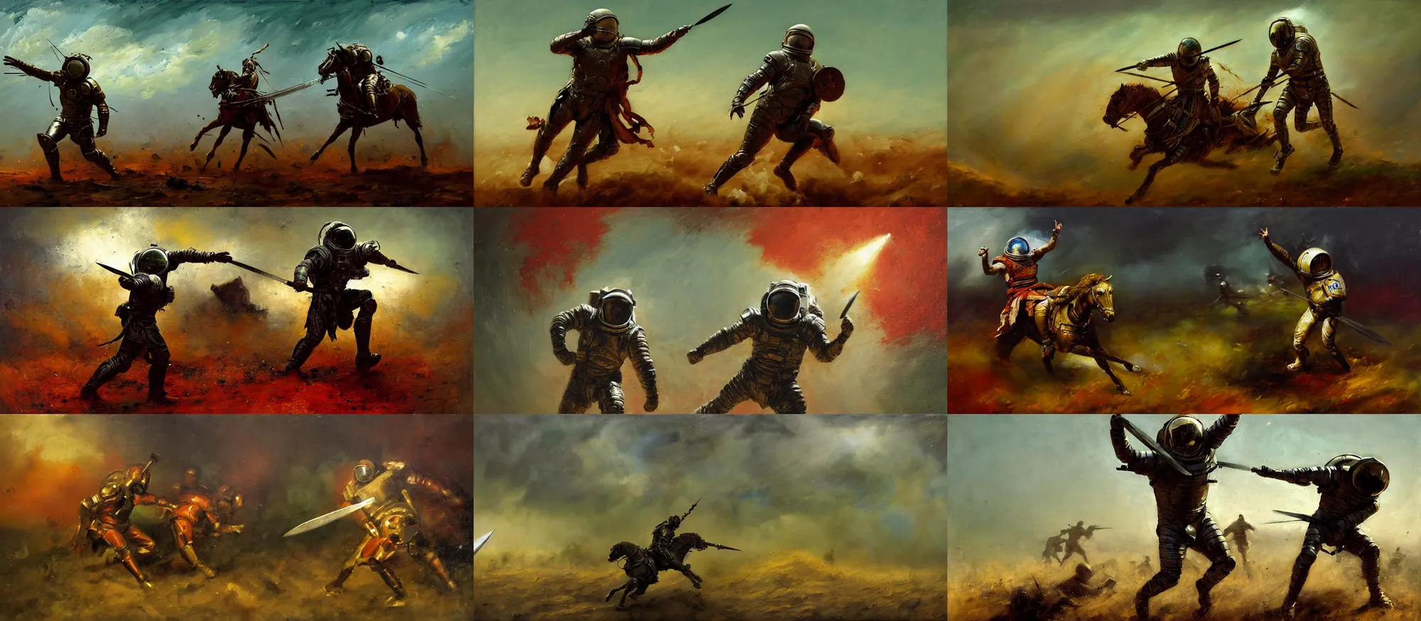 Image similar to battle scene, gladiator - astronaut using shield and knife, segmented armor, luminist style, tonalism, dramatic lighting, action scene, palette knife, frenetic brushwork, chiaroscuro, figurative art, detailed, proportions, spatter, dust, atmospheric, volumetric lighting, red iron oxide, raw sienna, and sage green