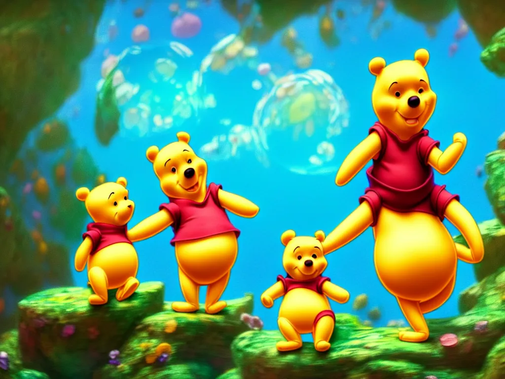 Image similar to the beautiful cartoon animation render a single lovely winnie the pooh wearing paper diapers, pop art, hyper detailed, underwater world, in the style of makoto shinkai, raphael lacoste louis comfort tiffany, artgerm, karol bak, james jean, ross tran, 8 k hd, fine texture structure, 3 drender