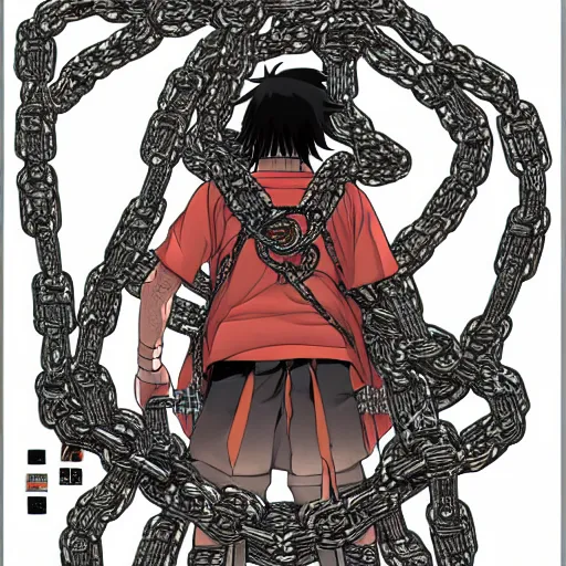 Image similar to A FULL BODY PORTRAIT FROM BEHIND OF MADARA UCHICHA ,THE MAN KEEPS A KUSARIGAMA AND IT IS WRAPPED IN CHAINS ,detailed, concept art, ink style , sketch