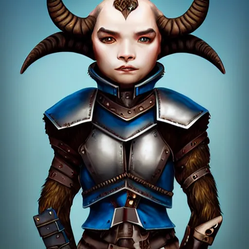 Image similar to illustrated realistic portrait female ram-horned kobold with asymmetric short haircut blue hair with dark eyes wearing strap leather armor by rossdraws