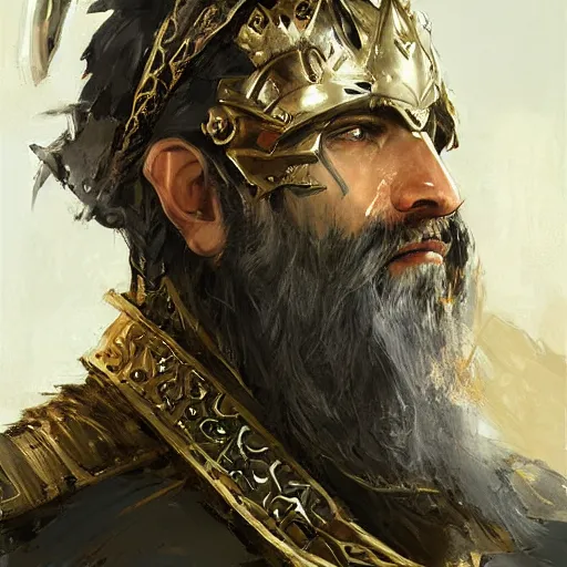 Image similar to A head shot portrait of a king with a trimmed beard, dual wielding swords, wearing dragonscale armor and a cheetah pelt cloak, fantasy, digital art by Ruan Jia