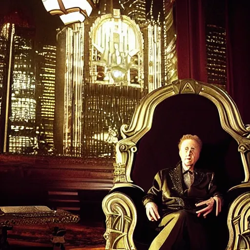 Prompt: elderly Christopher Walken as a menacing regal futuristic emperor seated on an ostentatious cyberpunk throne, cinematic lighting, backlit glow