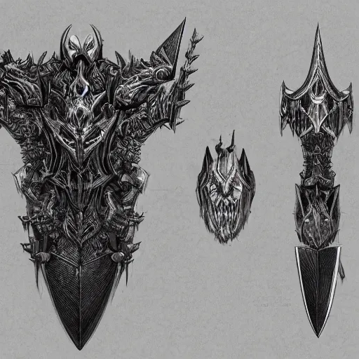 Prompt: demonic greatsword, engravings, dark aura, black steel, intricate, high detail, concept art, masterpiece