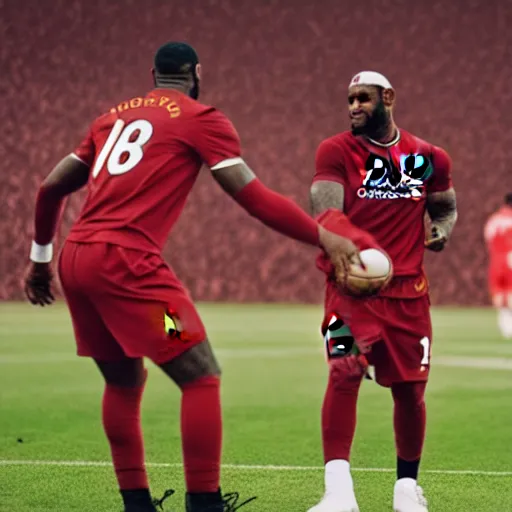 Prompt: lebron james playing football for liverpool fc