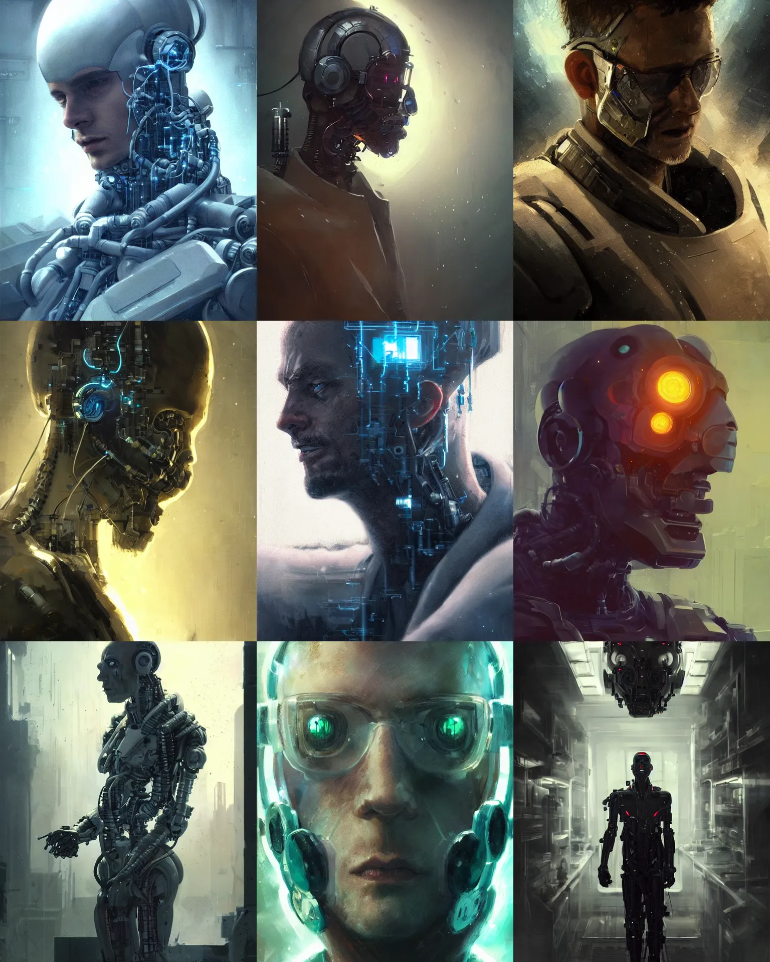 Image similar to a laboratory technician man with cybernetic enhancements seen from a distance, scifi character portrait by greg rutkowski, craig mullins, 1 / 4 headshot, cinematic lighting, dystopian scifi outfit, profile picture, mechanical, cyborg, half robot