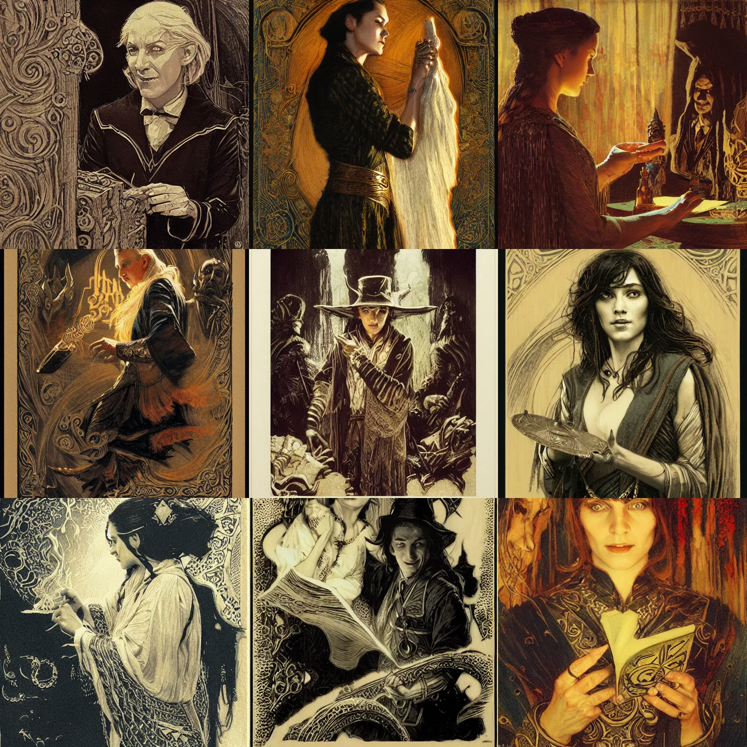 Prompt: tolkien magician, female, highly detailed wood block print by gaston bussiere, craig mullins, j. c. leyendecker 8 k