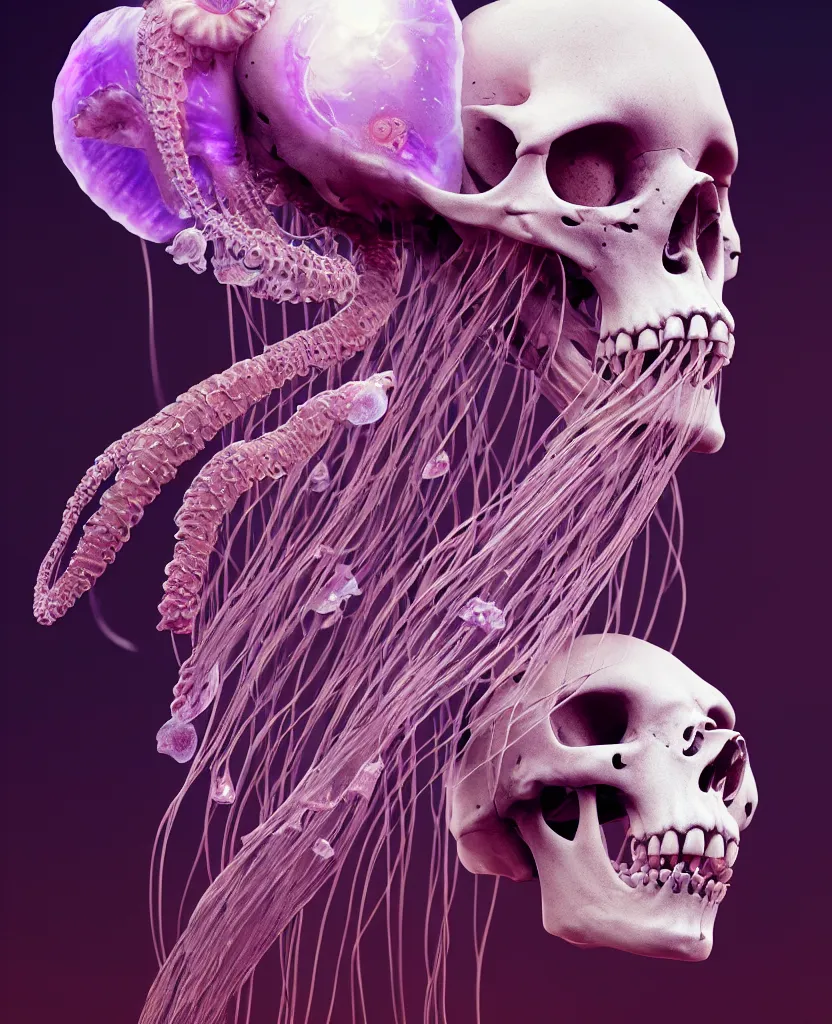 Image similar to goddess close - up portrait human skeleton, ram skull, jellyfish, orchid, betta fish, bioluminiscent, intricate artwork by tooth wu and wlop and beeple. octane render, trending on artstation, greg rutkowski very coherent symmetrical artwork. cinematic, hyper realism, high detail, octane render, 8 k