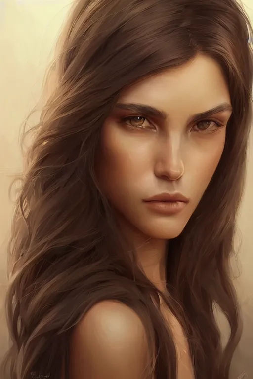 Prompt: Portrait of a Beautiful supermodel with a beautiful bone structure, long hair, olive skin, brown eyes, elegant, digital painting, highly detailed, artstation, concept art, smooth, sharp focus, illustration, art by artgerm and greg rutkowski.